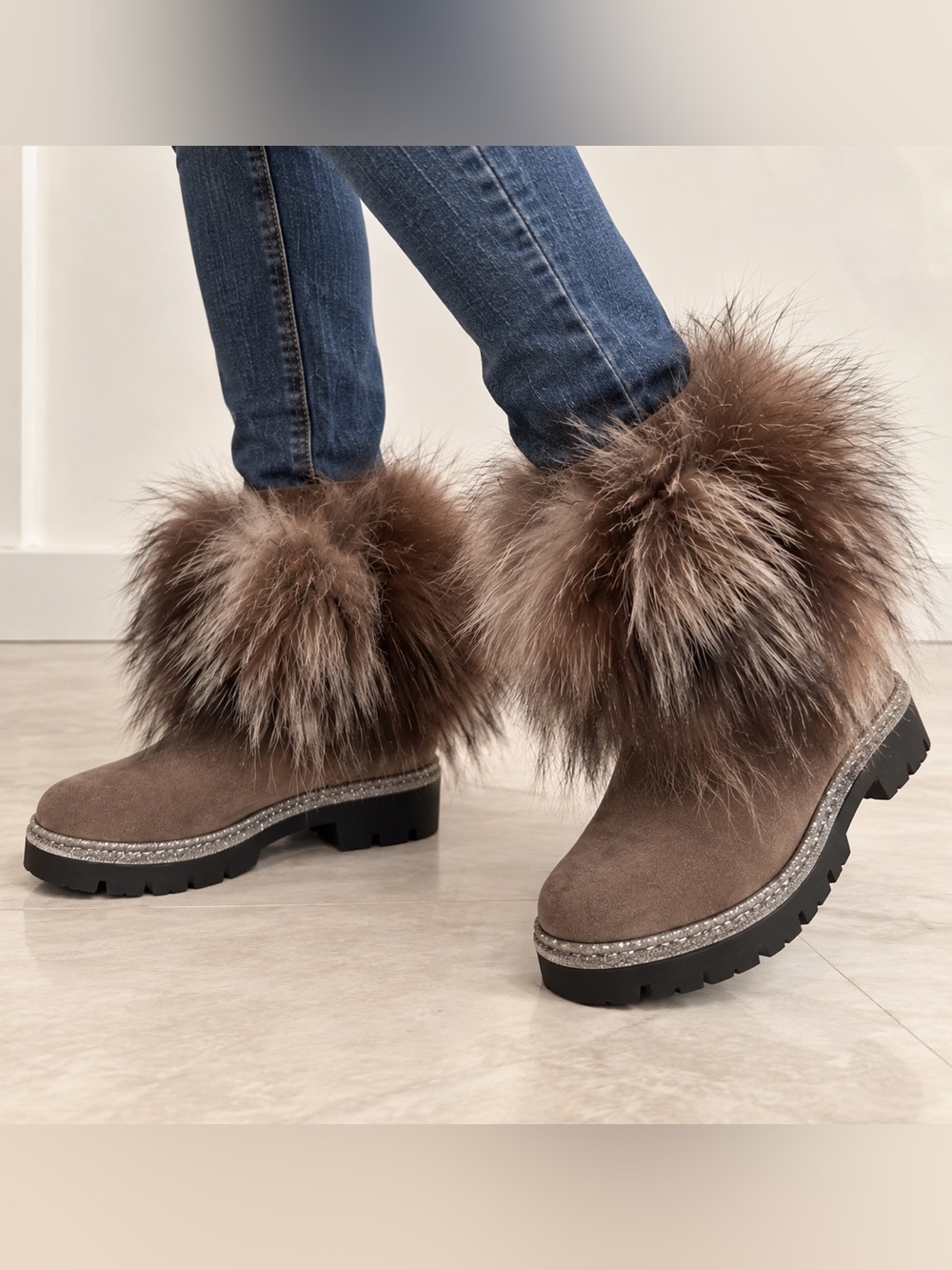 NEW Fabiana Filippi Luxury Fur Suede Winter Boots Glitter Trim - IT 37 /7